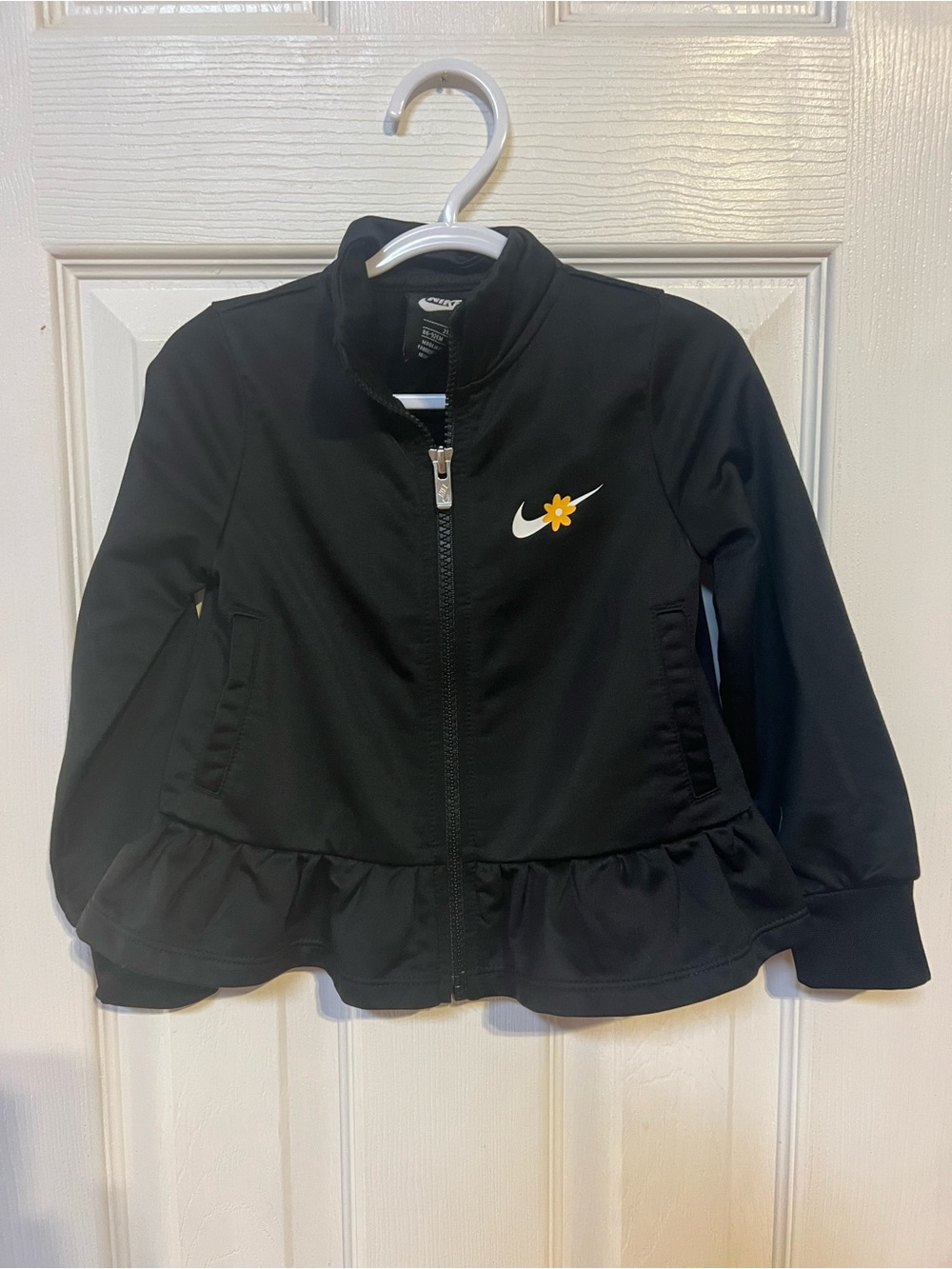 Nike Black Girls' Zip-Up Jean-Style Jacket with Yellow Flower Swoosh
